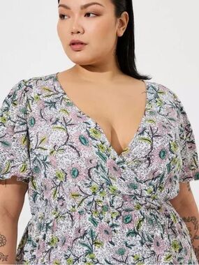 TORRID Midi Swiss Dot Flutter Sleeve Floral Linework Wrap Dress 1X
